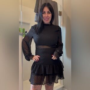 CBR Black Long Sleeve Ruffle Mock Neck Mini Dress with Sheer Details